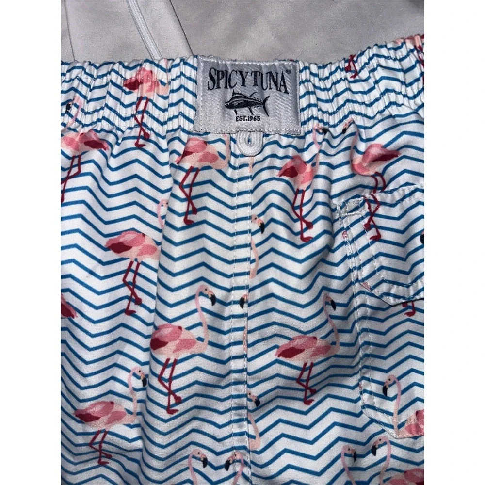 Spicy Tuna Boys 10 All Over Flamingo Swim Trunks Light‎ Blue Drawstring